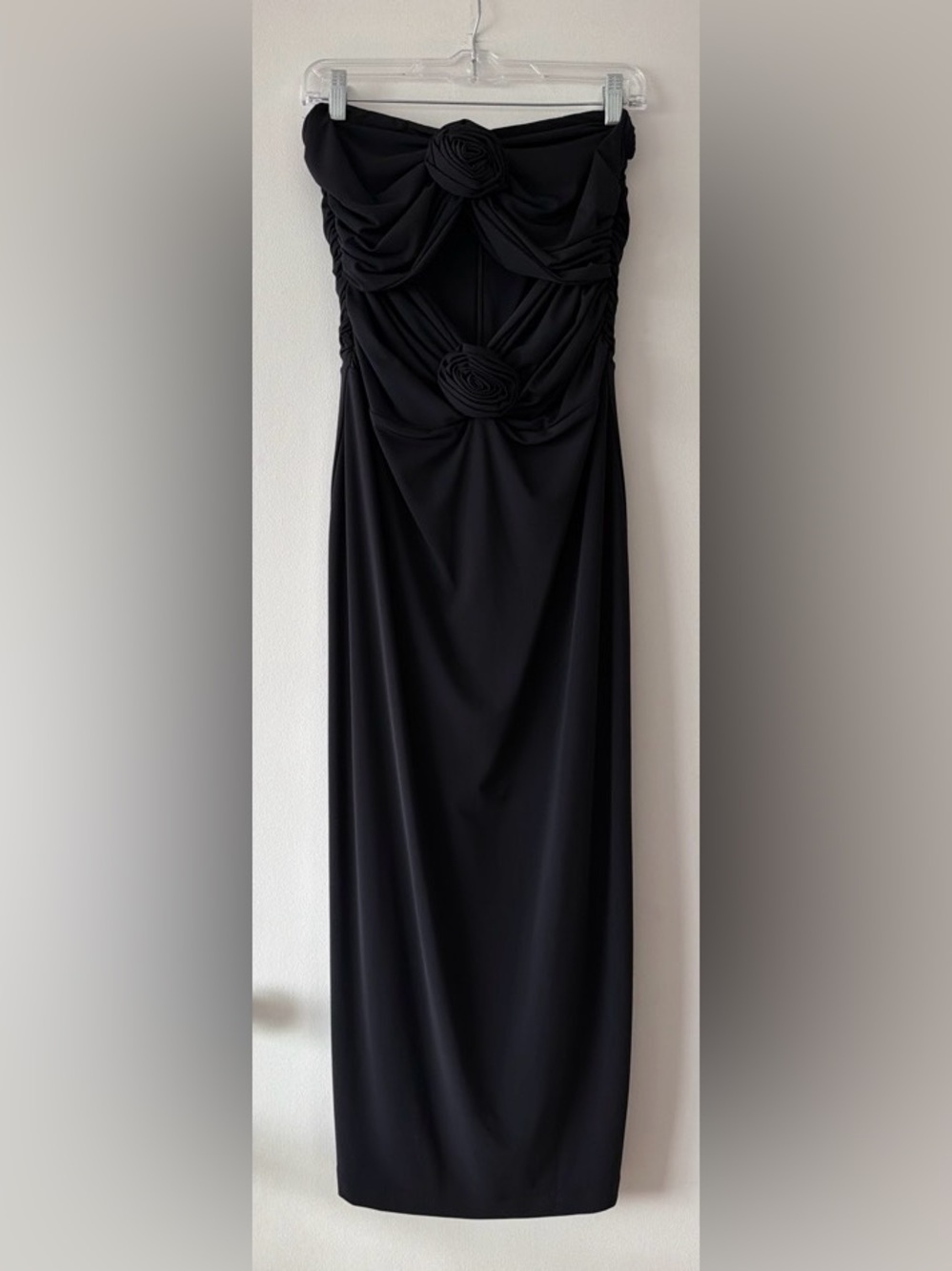 Torn by Ronny Kobo Black Strapless Rosette Cutout Ruched Midi Dress Size L